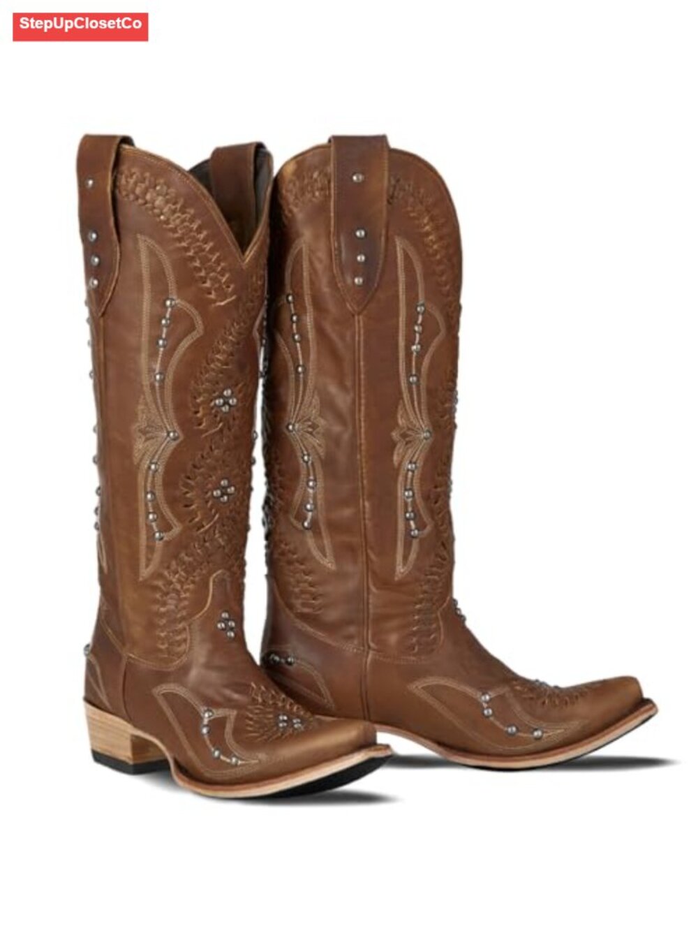 Women's Knee High Cowboy Boots with Embroidery and Stacked Heel